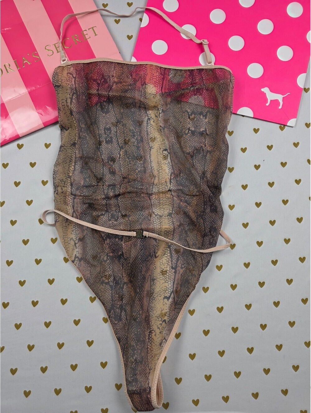Vintage 2000 Victoria's Secret Teddy M Sheer Mesh Snakeskin Thong Bodysuit